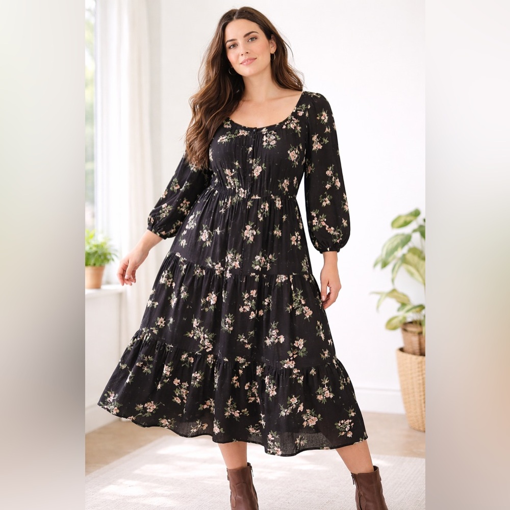 Old Navy Women Black Floral Tiered Midi Dress Large Cottagecore Boho Puff Sleeve